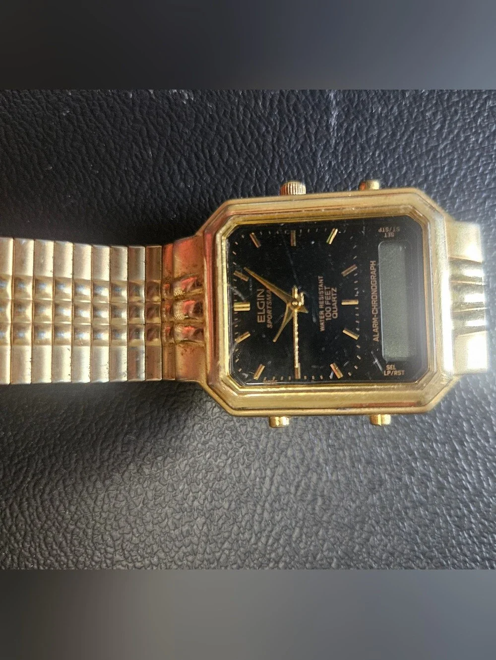 Elgin water resistant 100ft quartz Men's Gold-Tone Dress Watch with Black Dial